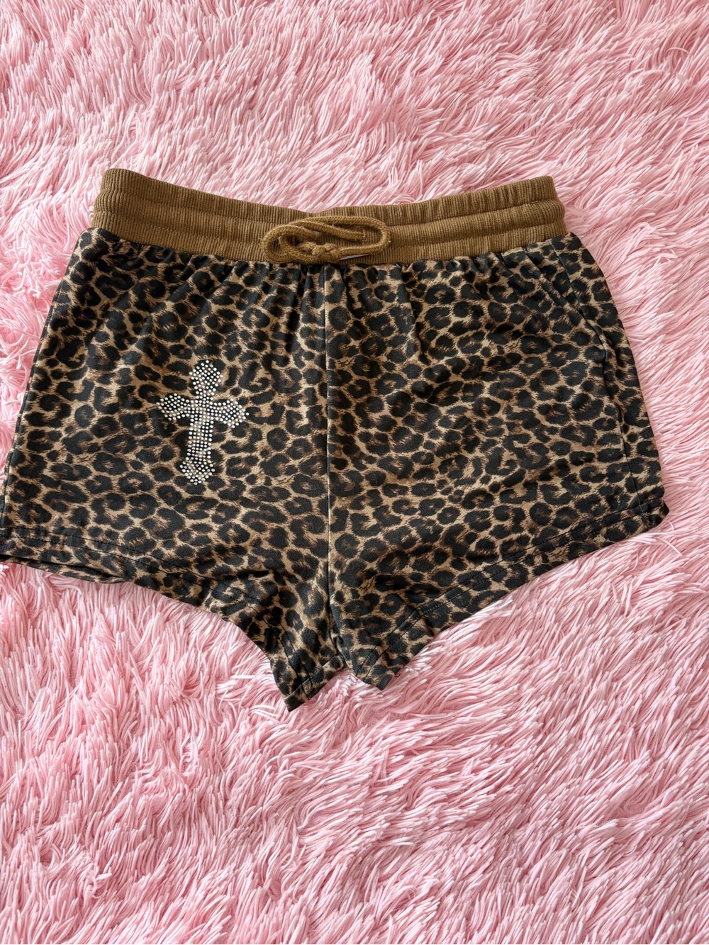 ROMWE Leopard Print Athletic Shorts with Rhinestone Cross - Brown & Black